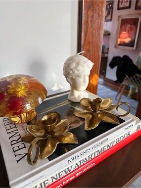 Vintage Pair of Brass Flower Candle Holders Chamber Candlesticks w Finger Loops